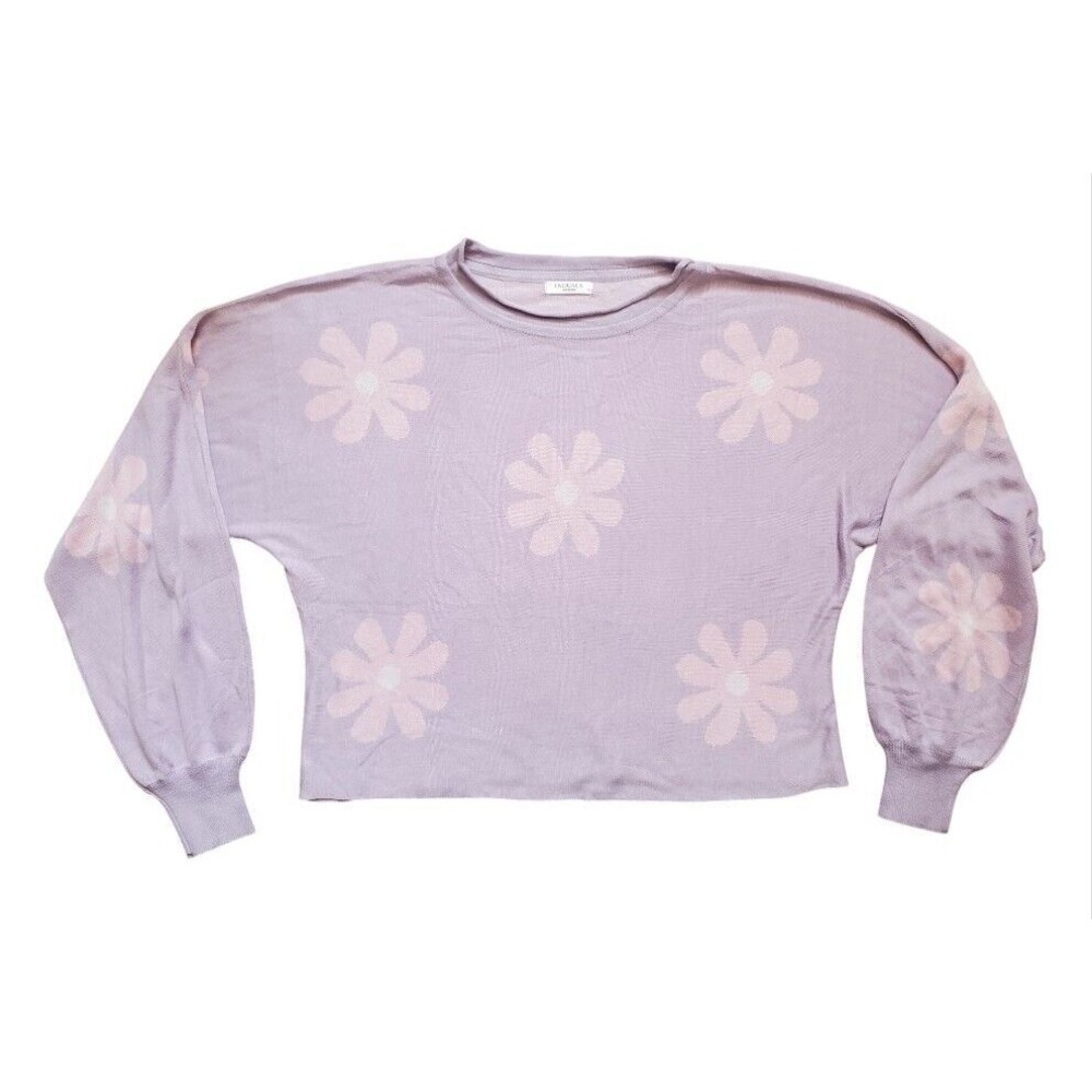 Ekouaer Top Women Medium Oversize Crop Purple Daisy Knit Balloon Sleeve Cottage